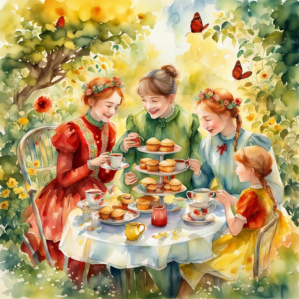 Vibrant Whimsical Garden Scene in Watercolour Style