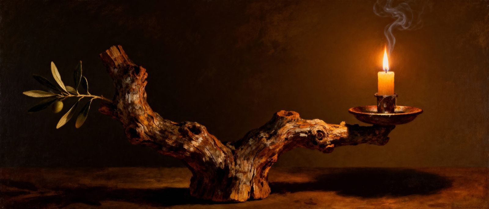 Olive Branch Candlestick in Moody Chiaroscuro Lighting