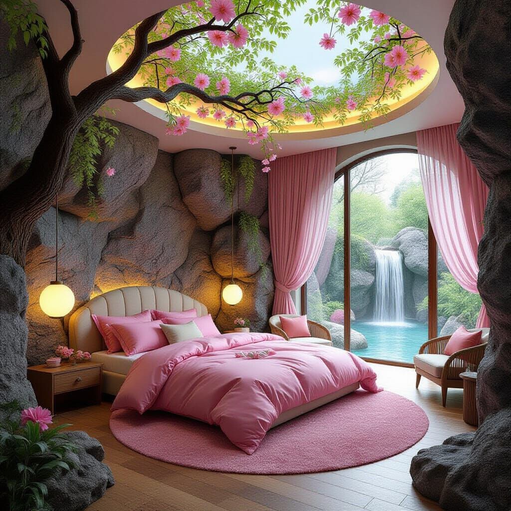 Surreal Nature-Inspired Bedroom with Pink Bedding