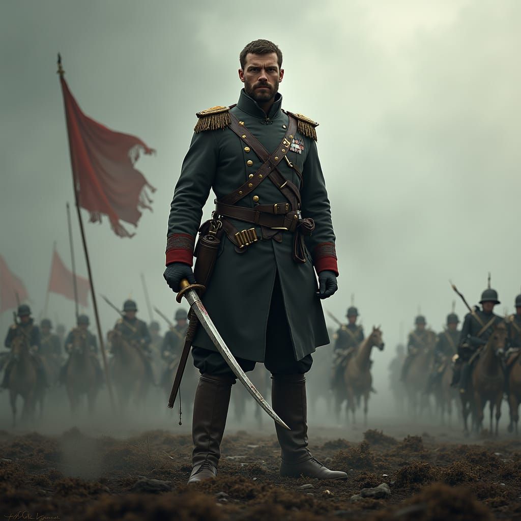 Napoleonic Officer with Saber in Dramatic Battlefield Scene