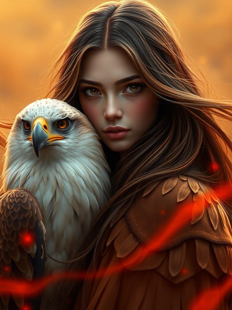 Girl with Eagle in Ornate Digital Art Style