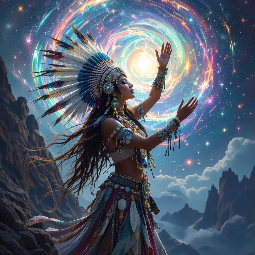 Ethereal Shamaness Amidst Cosmic Energy Vortex
