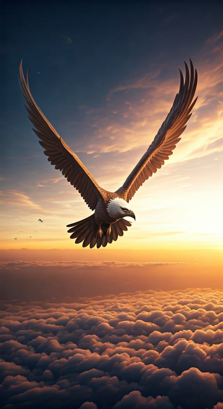 Majestic Bird Soaring in Dreamlike Golden Sky