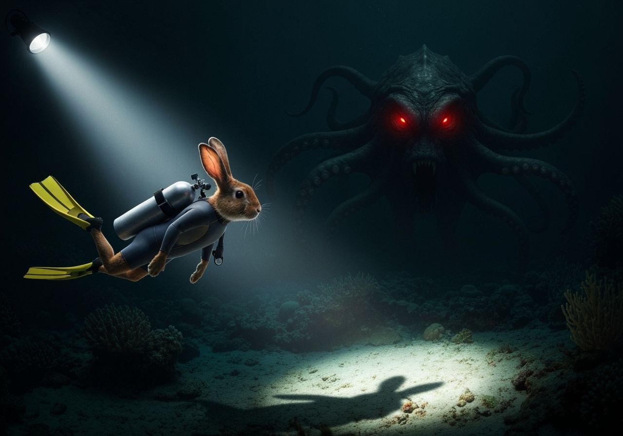 Rabbit Diver and Sea Monster in Dark Reef