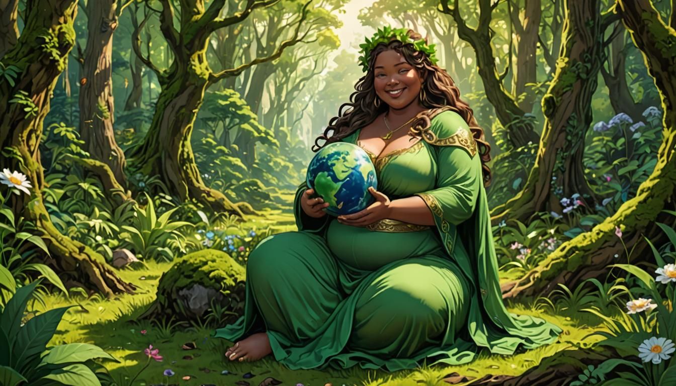 Plus-Size Mother Nature in Lush Forest: 3D Anime Art
