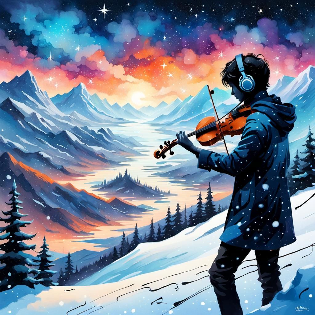 Snowy Mountain Violinist in Watercolor Style