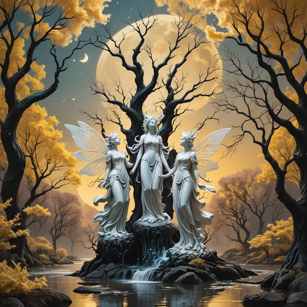 Ethereal Fairy Statue Under Yellow Moon: Fantasy Art