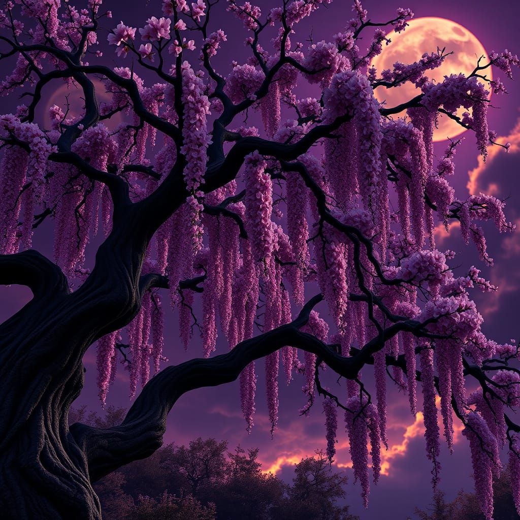 Majestic Black Cherry Blossoms Under Purple Skies