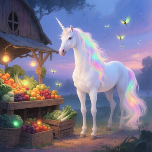 Enchanted Unicorn at Twilight Watercolor Farmstand