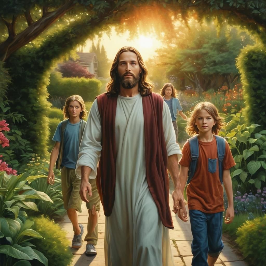Jesus Christ Walks Through Garden at Sunset