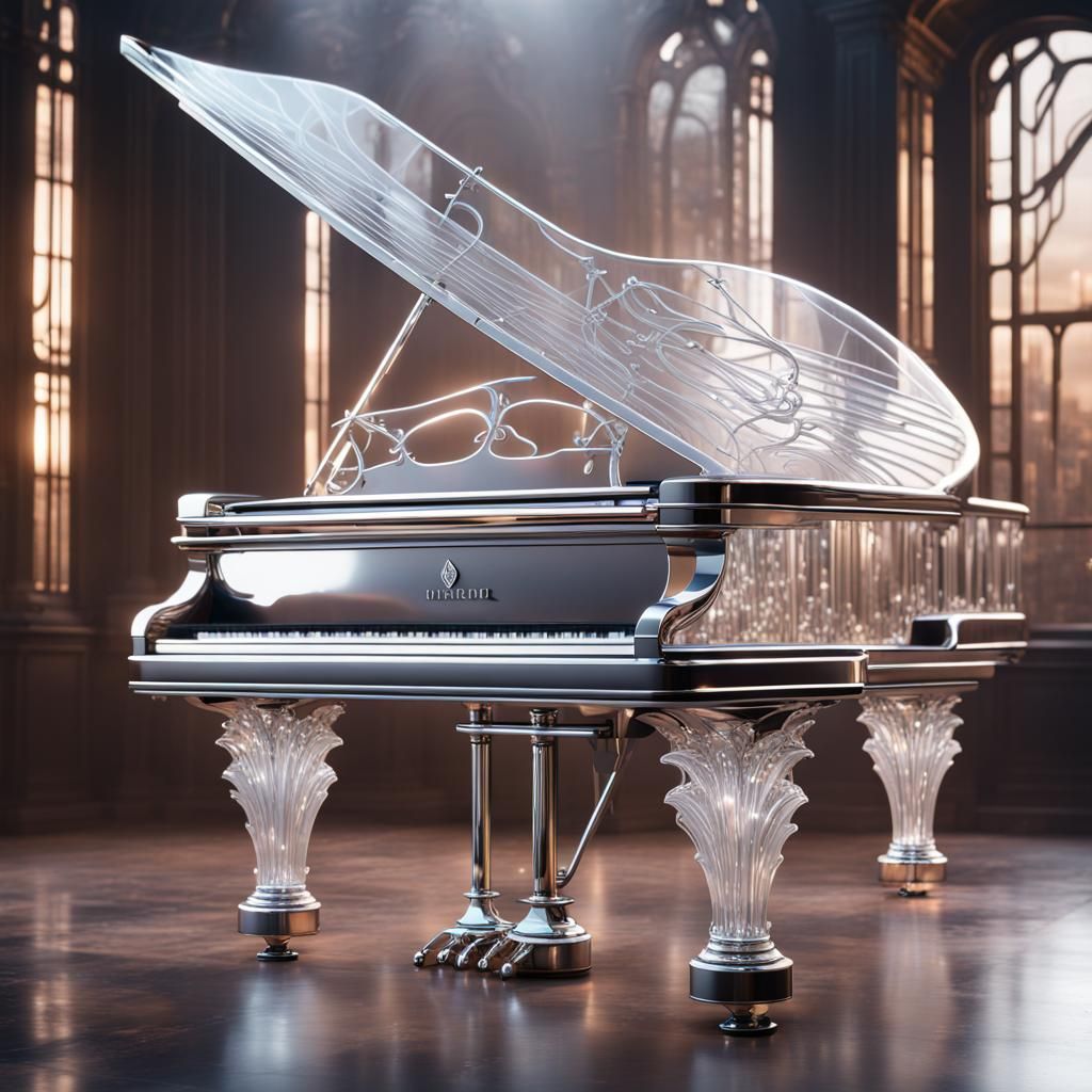 Enormous crystal white Glass, shiny steel grand piano with w...