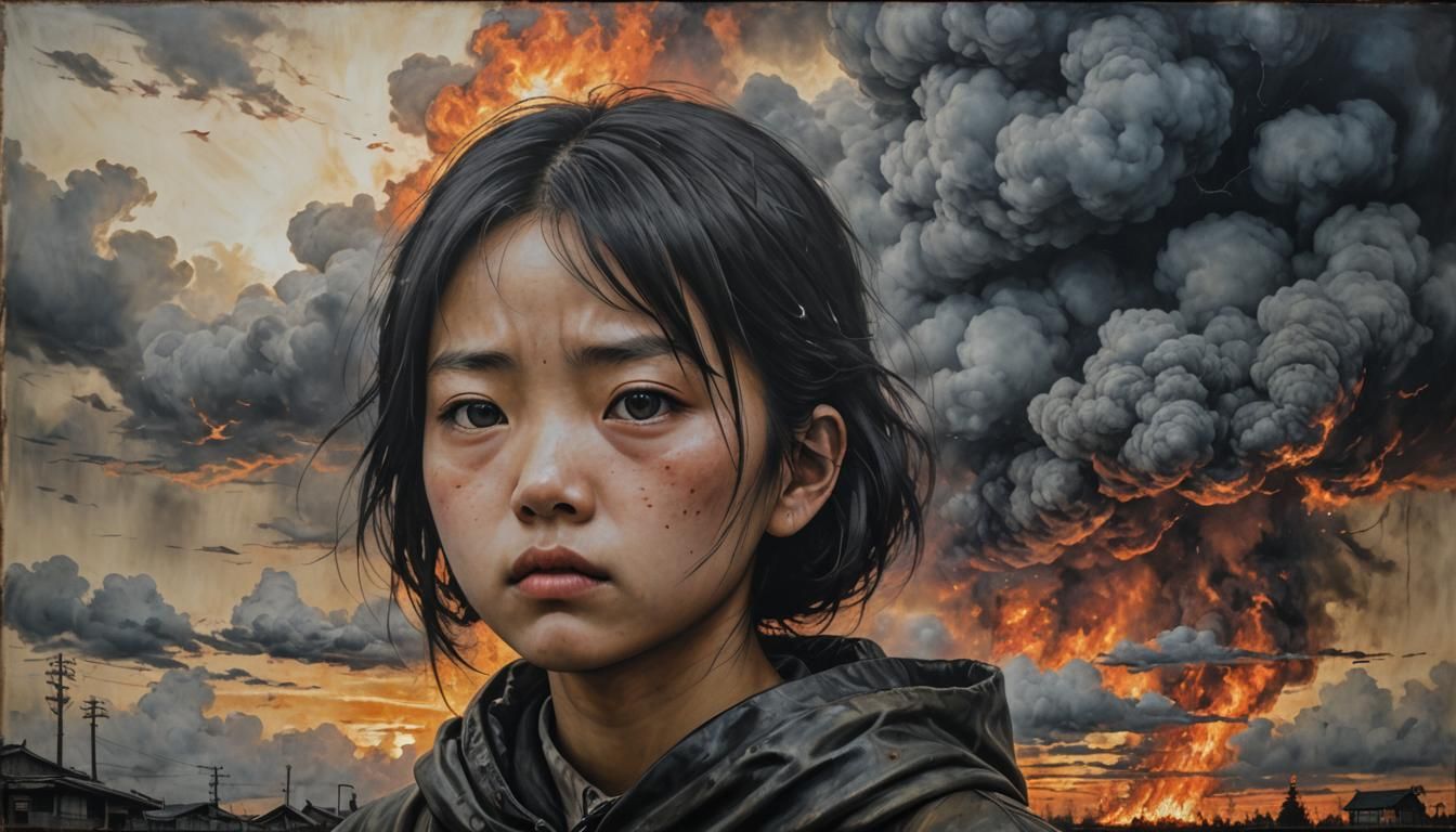 Sad Girl in Burning Sky: Hyperrealistic Encaustic Art