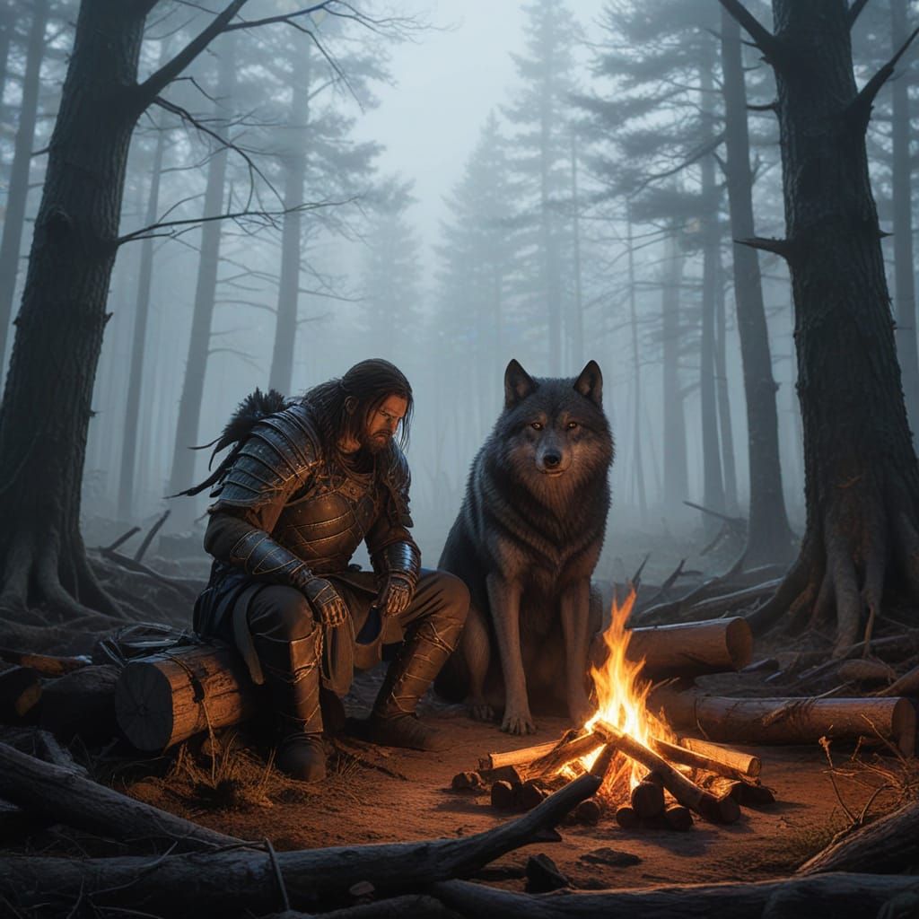 Warrior and Wolf by Campfire at Dawn