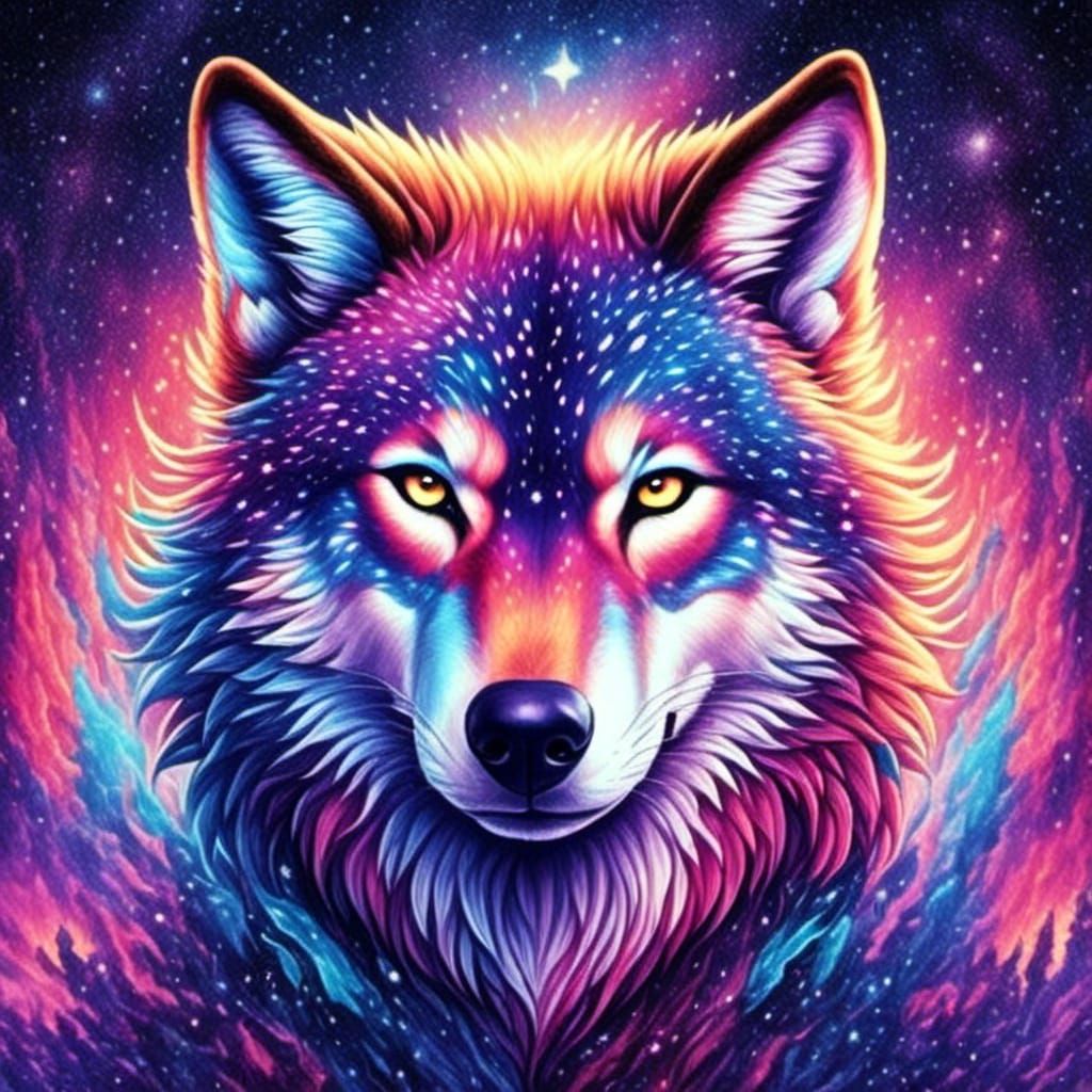 Twilight Wolf: Holographic Cosmic Illustration
