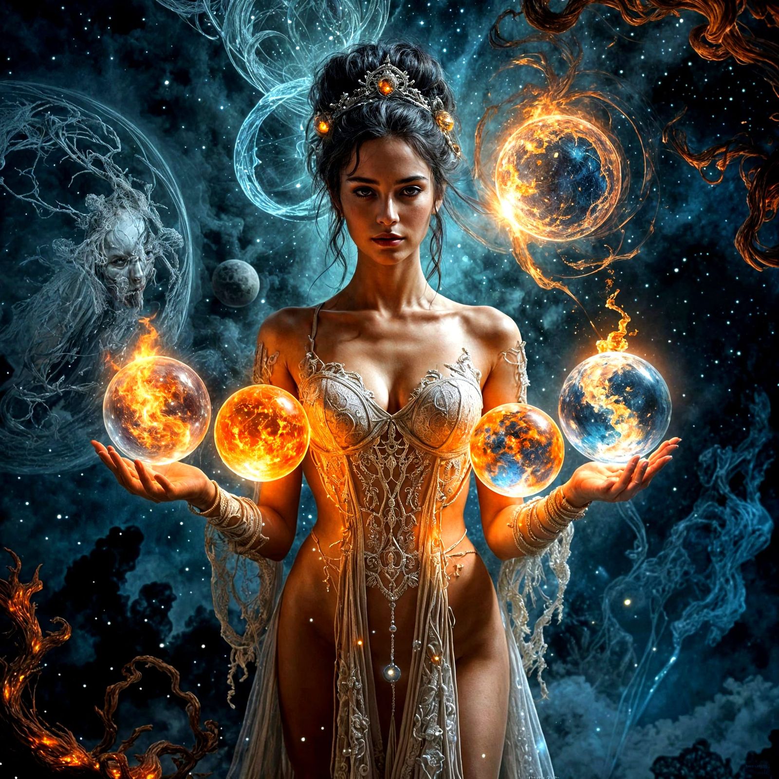 Ethereal Woman with Elemental Orbs: Surreal Digital Art