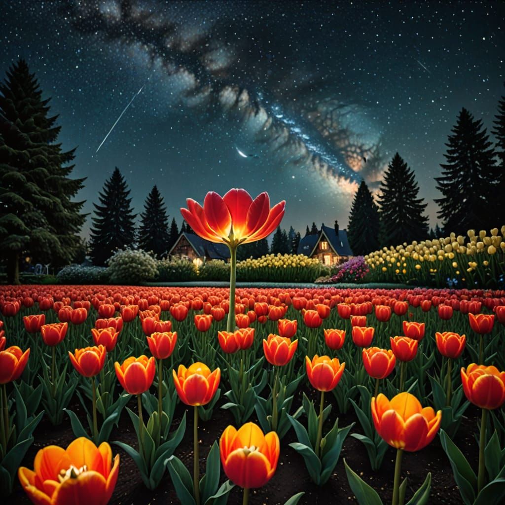 UFO Over Giant Tulip in Magical Garden Under Starry Night