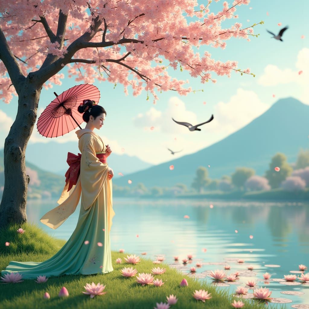 Geisha in Ombre Kimono Under Blossoms