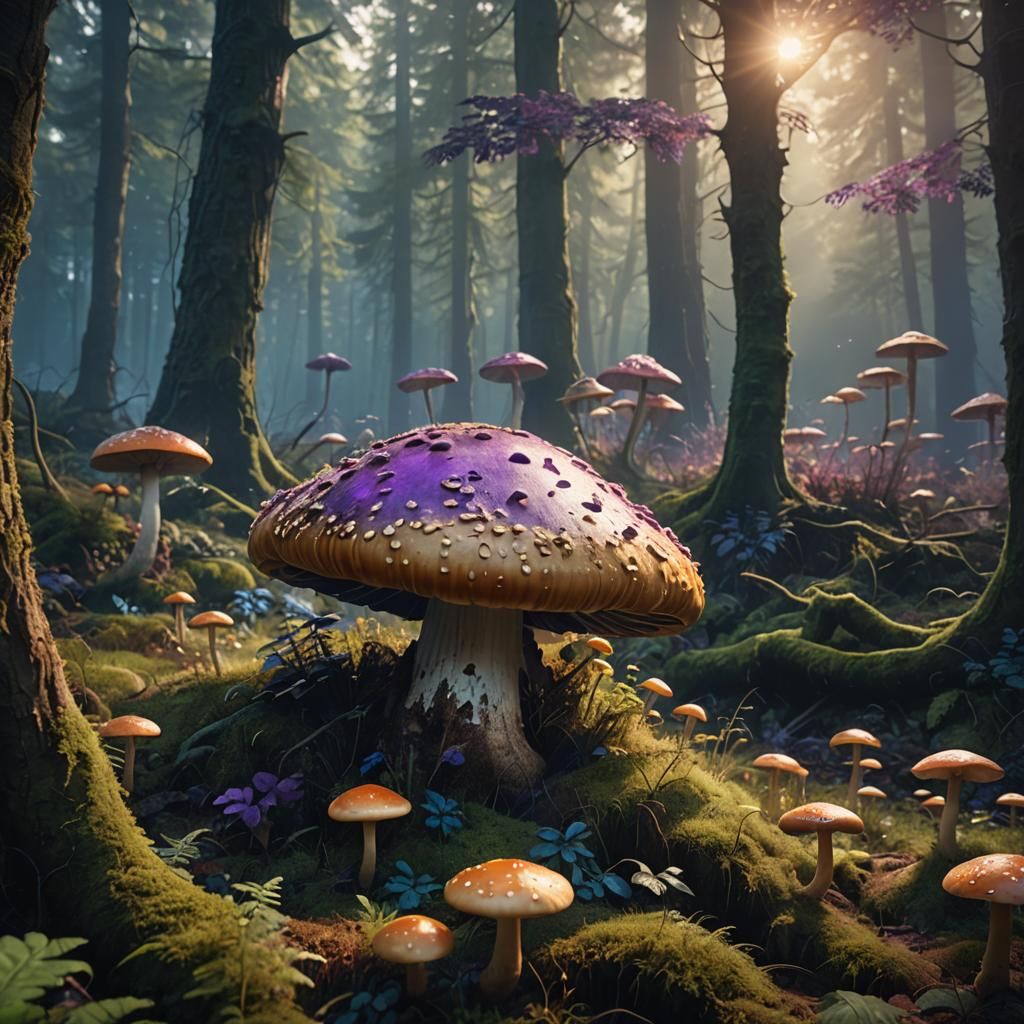 Giant Mushroom Spawning in Vibrant Forest: Hyperrealistic De...
