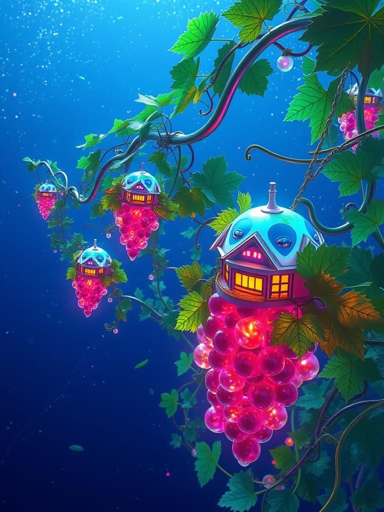 Sapphire Expanse with Emerald Vines and Glowing Grape Houses