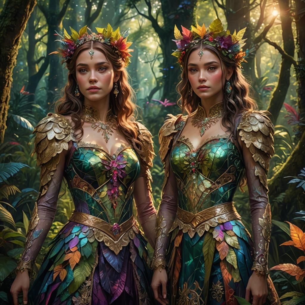Girls in Ornate Costumes in Lush Fantasy Forest