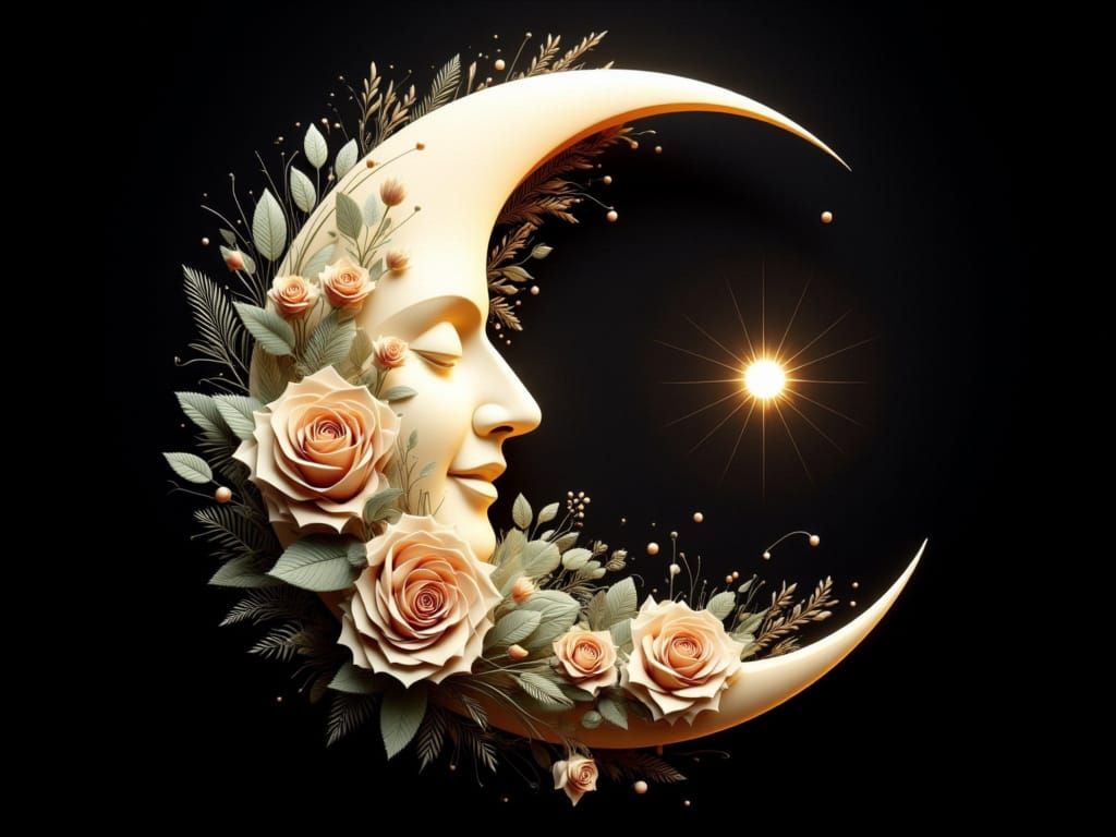 Whimsical Man in the Moon with Floral Accents