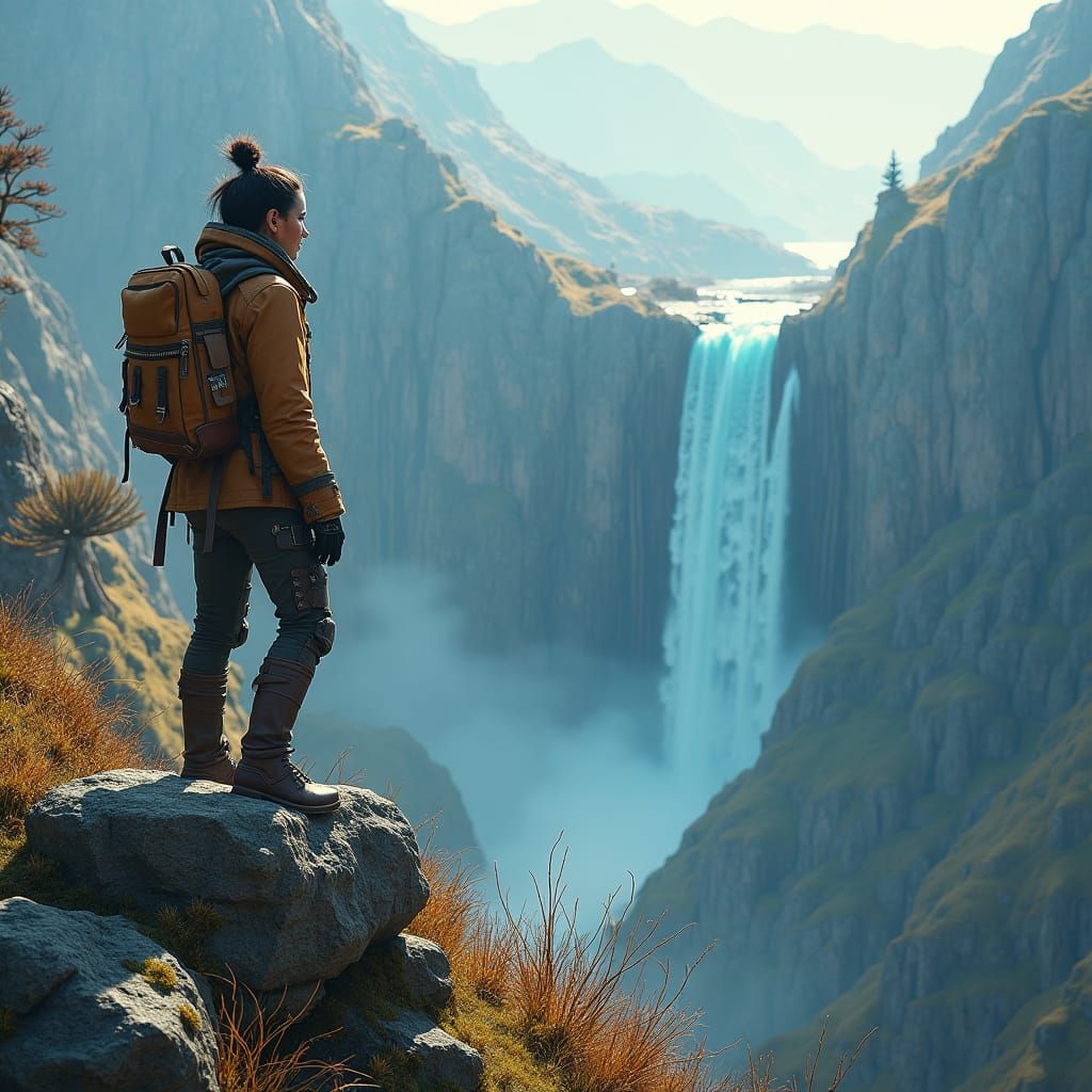 Heroic Explorer Overlooks Iridescent Waterfall Landscape