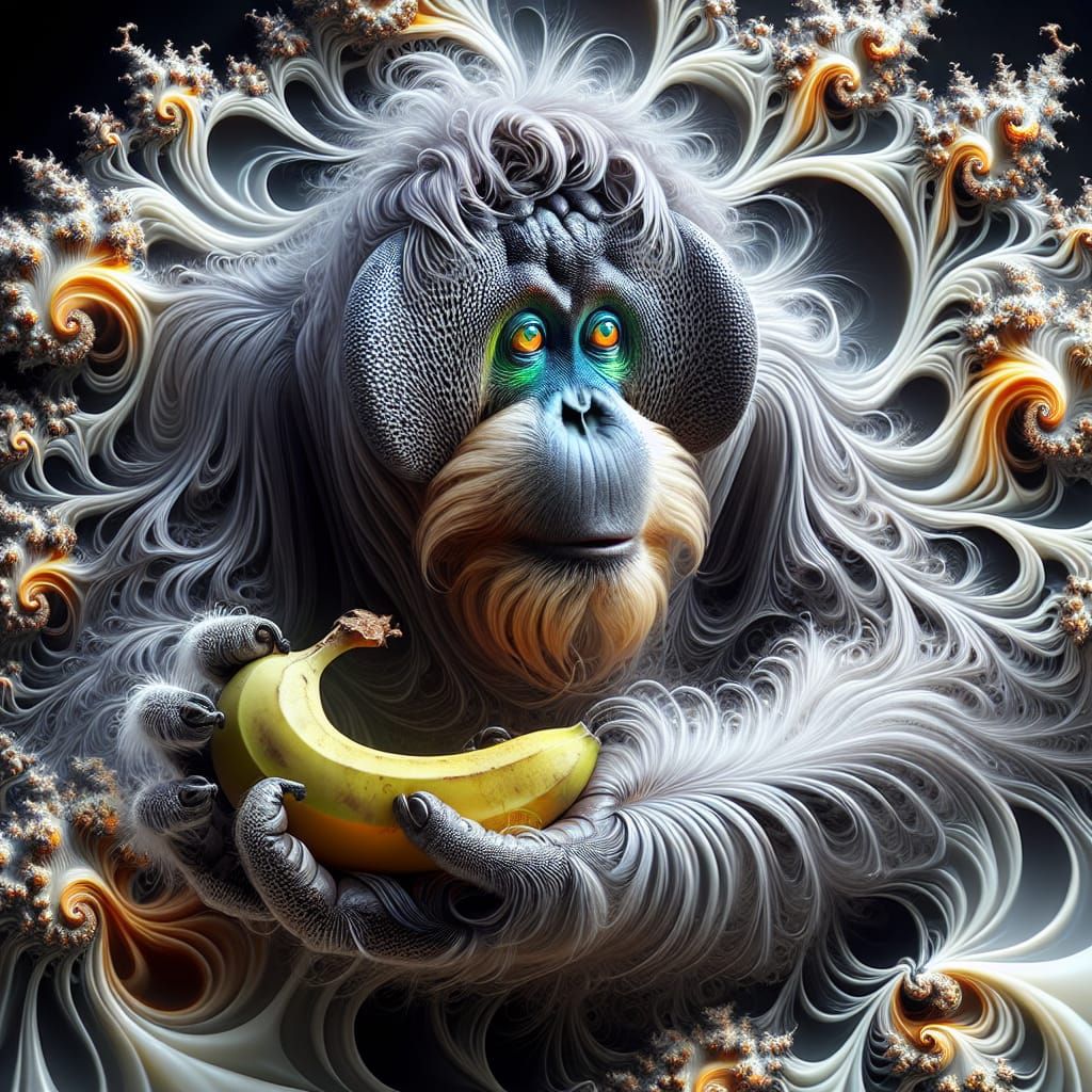 Silver Orangutan in Fractal Dreamscape: Surreal Realism