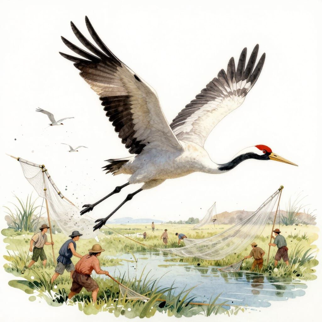 Prehistoric Cranes Fly Over Marshland Fishing Scene