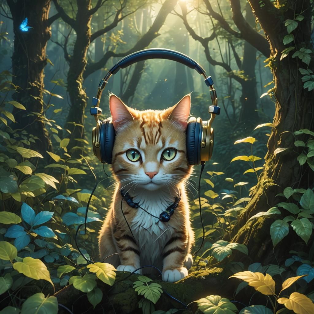 Cat with Headphones in Studio Ghibli Forest