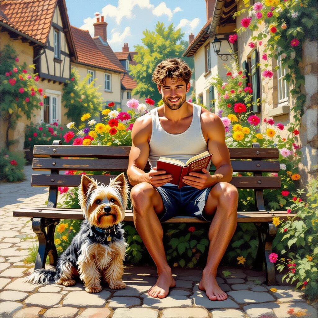 Man Reading in Quaint Village with Dog
