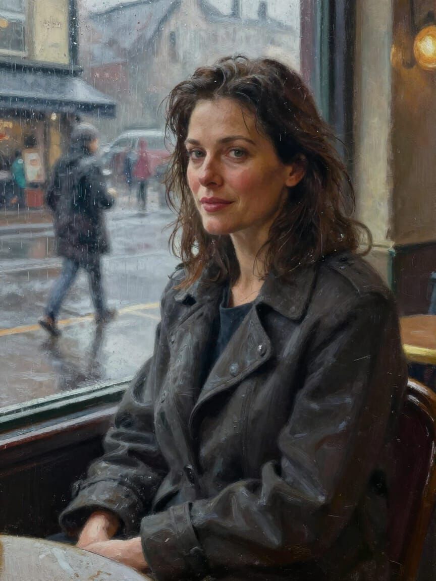 Impressionistic Café Scene: Woman's Enigmatic Glance