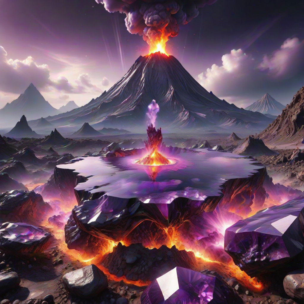Ethereal Amethyst World with Volcanic Gemstone Eruption