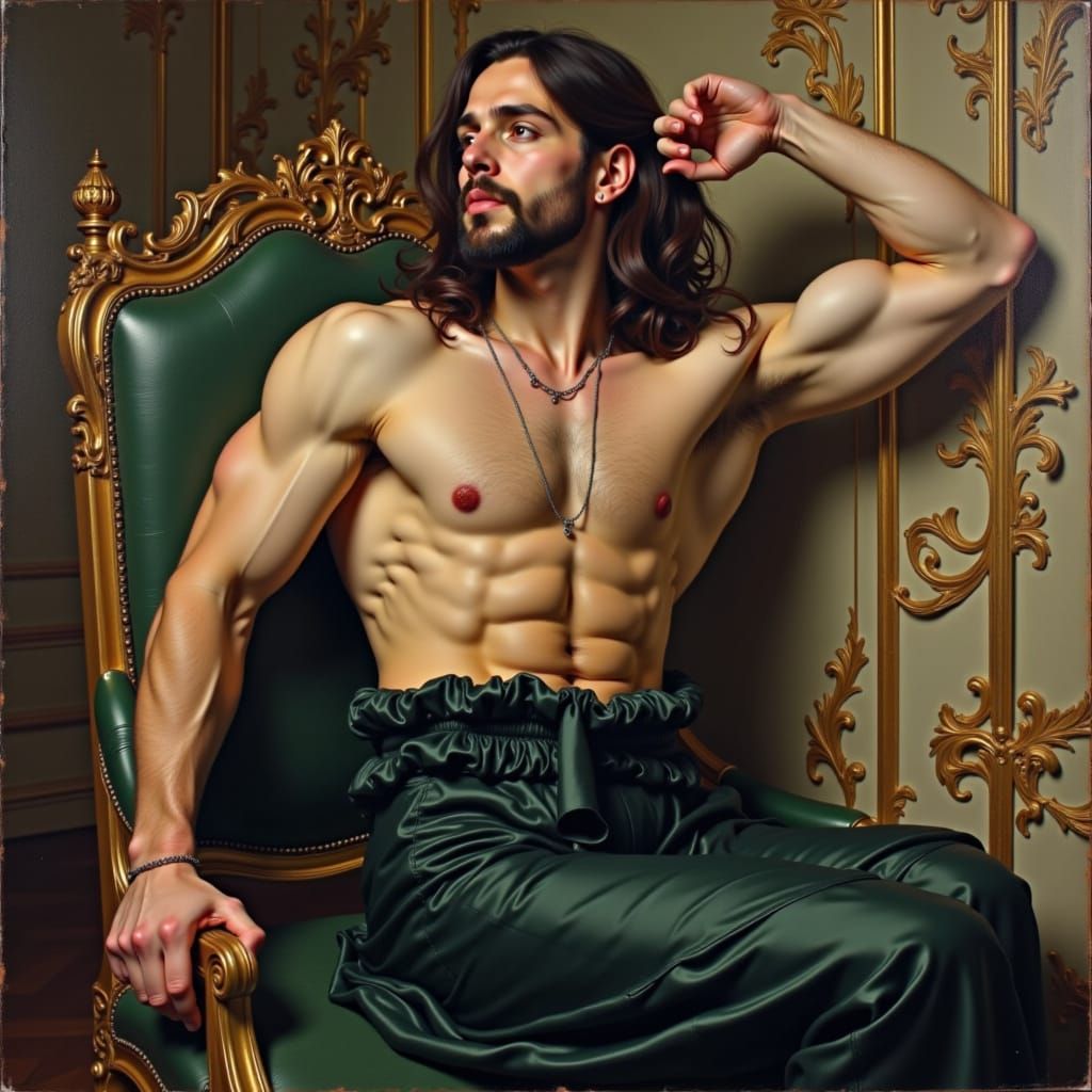 Hyperrealistic Ink Drawing of a Powerful Man in Gilded Salon