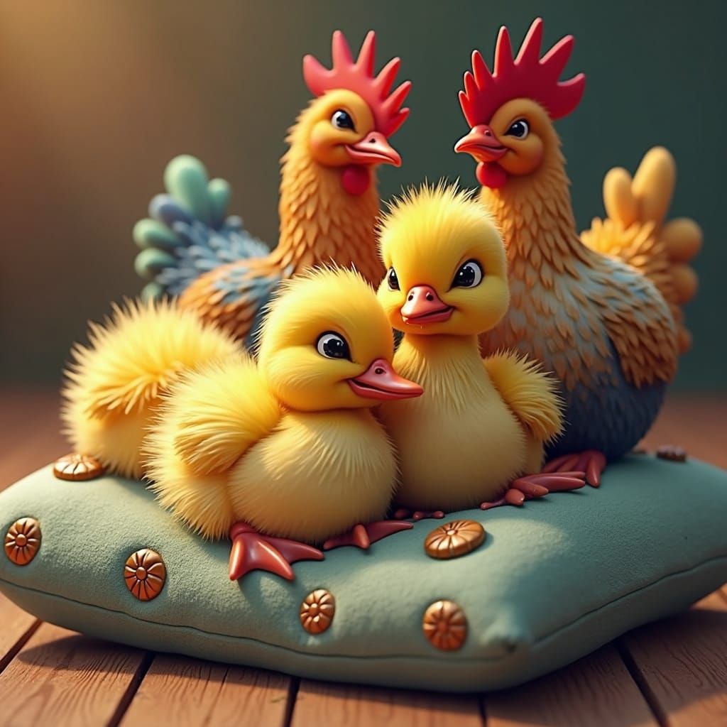 Cute Ducklings and Chickens on Plush Cushion