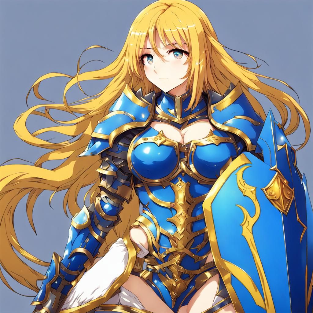 Anime Woman in Blue Armor with Yellow Hair