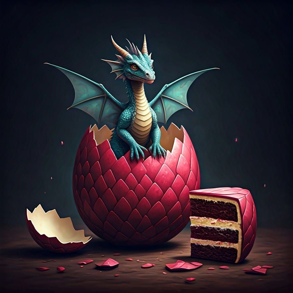 Iridescent Dragon Emerges from Cake Egg