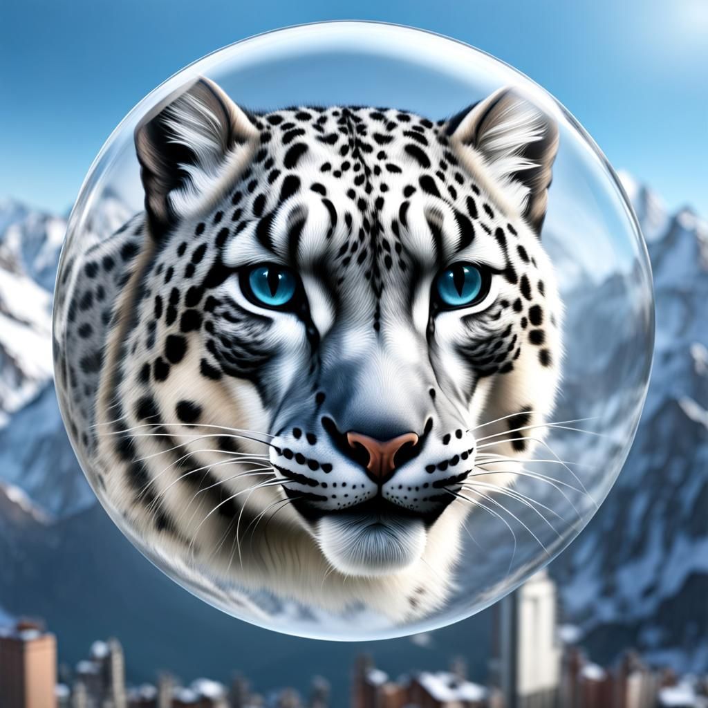 Snow Leopard in Transparent Bubble with Cityscape Background