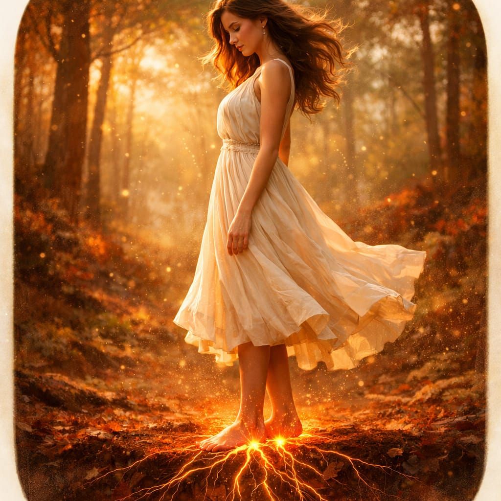 Woman Rooted in Forest with Glowing Earthy Tones