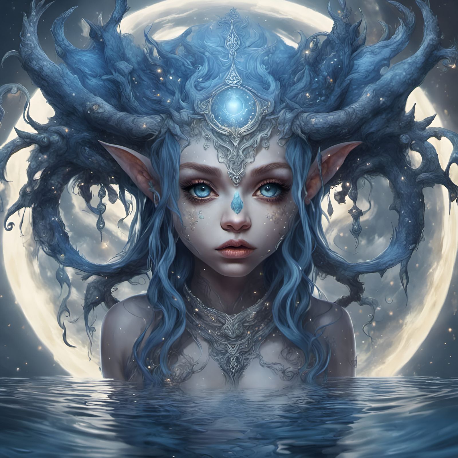 Demonic Water Elven Reflection in Dark Fantasy Style