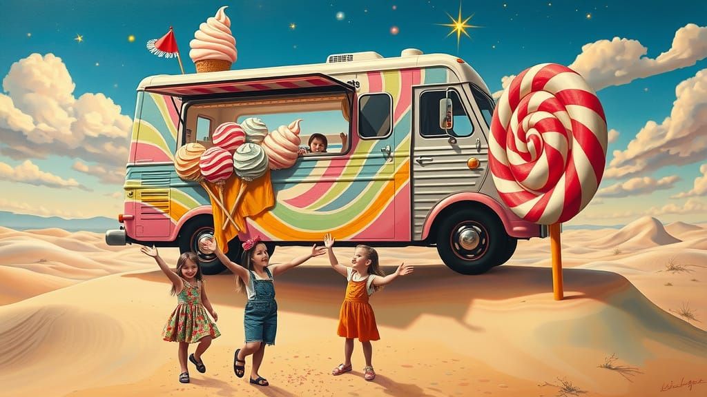 Whimsical Ice Cream Truck Soars Above Desert Dreamscape