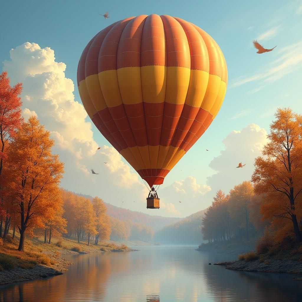 Hot Air Balloon Over Lake in Autumn Landscape