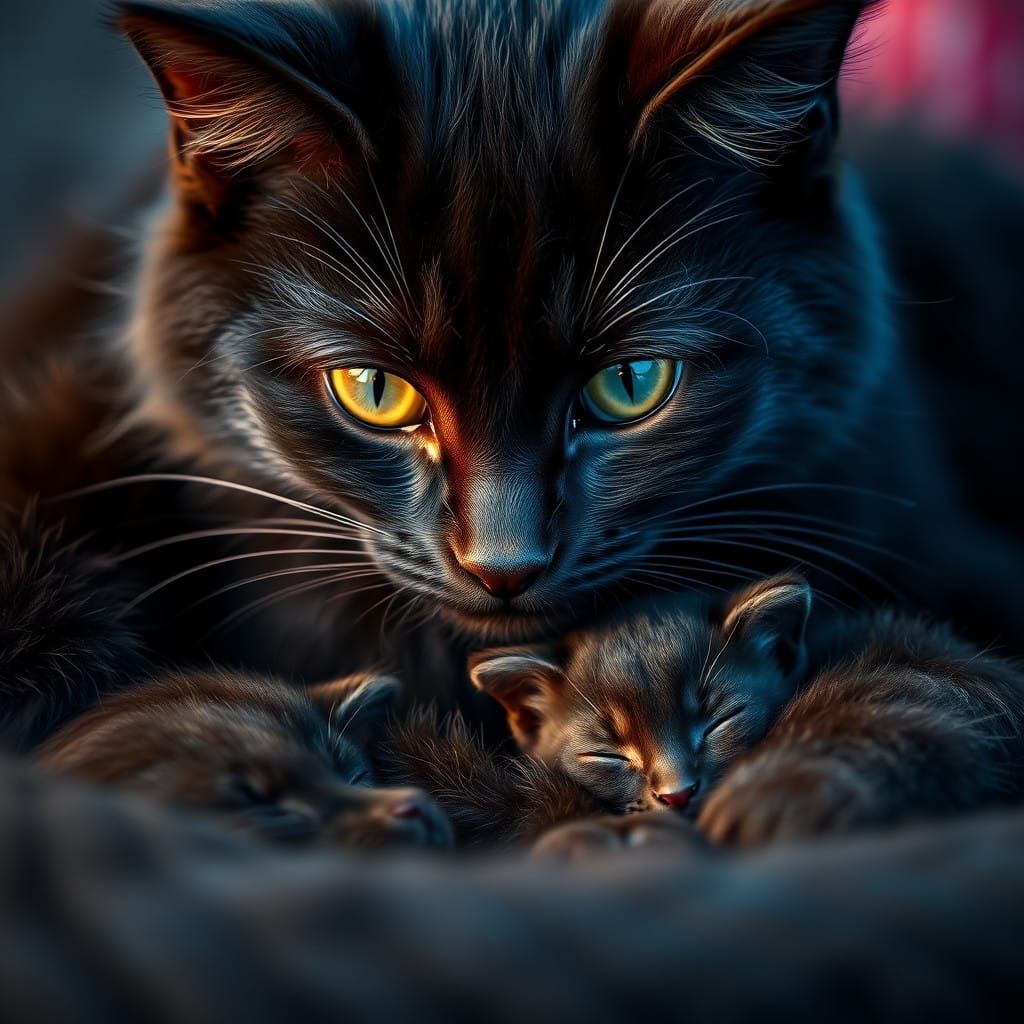 Moody Mother Cat and Her Kittens in Warm Blue Light