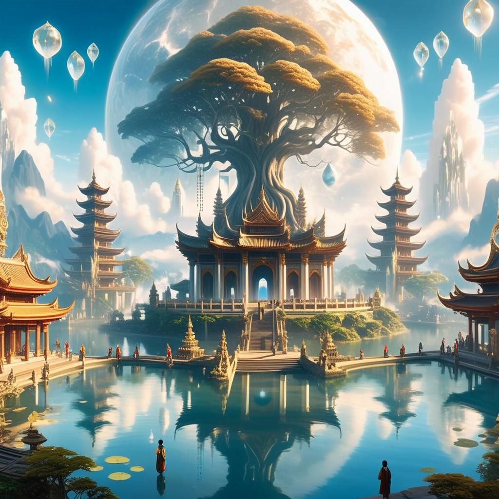 Sacred Crystal Temples Amidst Ethereal Mists