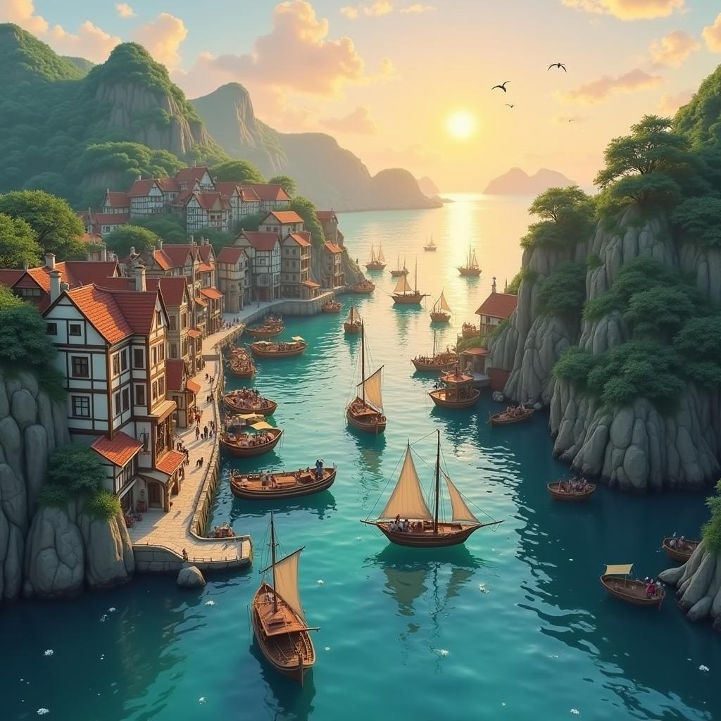 Fantasy Harbour Sunset in Ghibli Anime Style