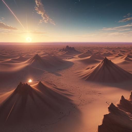 Desert sunrise by artist "anime", Anime Key Visual, Japanese Manga, Pixiv, Zerochan, Anime art, Fantia 3D Game Cinematic...