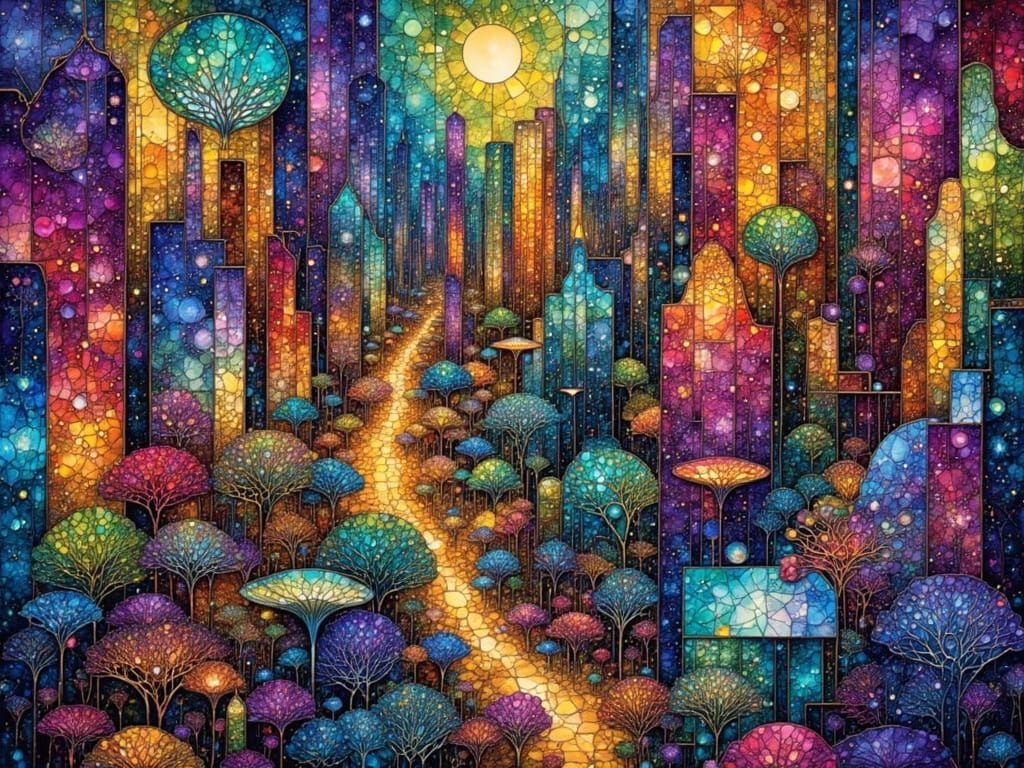 Vibrant Zentangle Cityscape with Kirigami Details