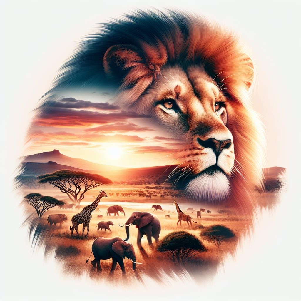 Lion Portrait with Savannah Double Exposure in Digital Art