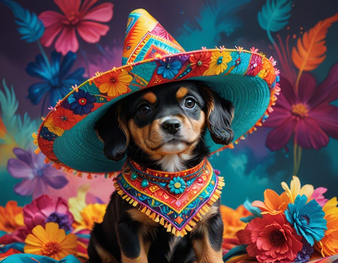 Puppy Fiesta in Vibrant Psychedelic Style