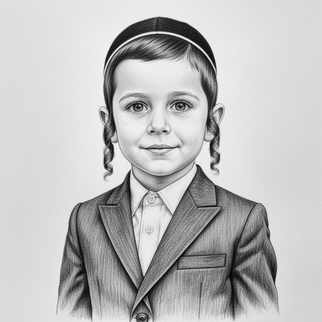 Charming Hasidic Boy Portrait in Realistic Pencil Drawing St...