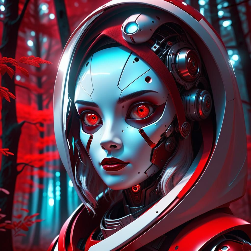 Sci-Fi Red Riding Hood Robot in Dark Forest